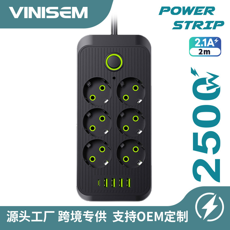 6 enchufes con USB TYPE c enchufe europeo de comercio exterior enchufe cable de extensión de alimentación cable de extensión