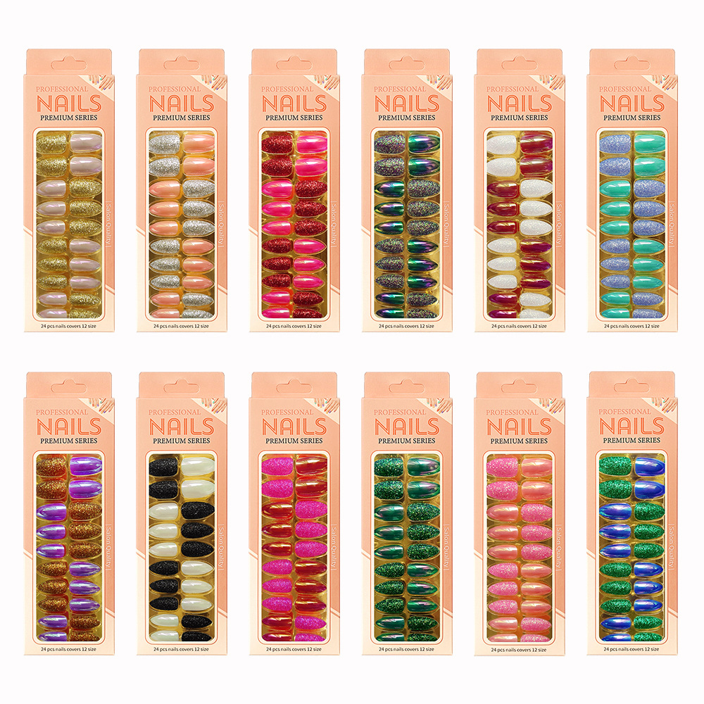 Uñas postizas iridiscentes, puntas de uñas de longitud media, uñas postizas largas en caja, puntas de uñas postizas electrochapadas.