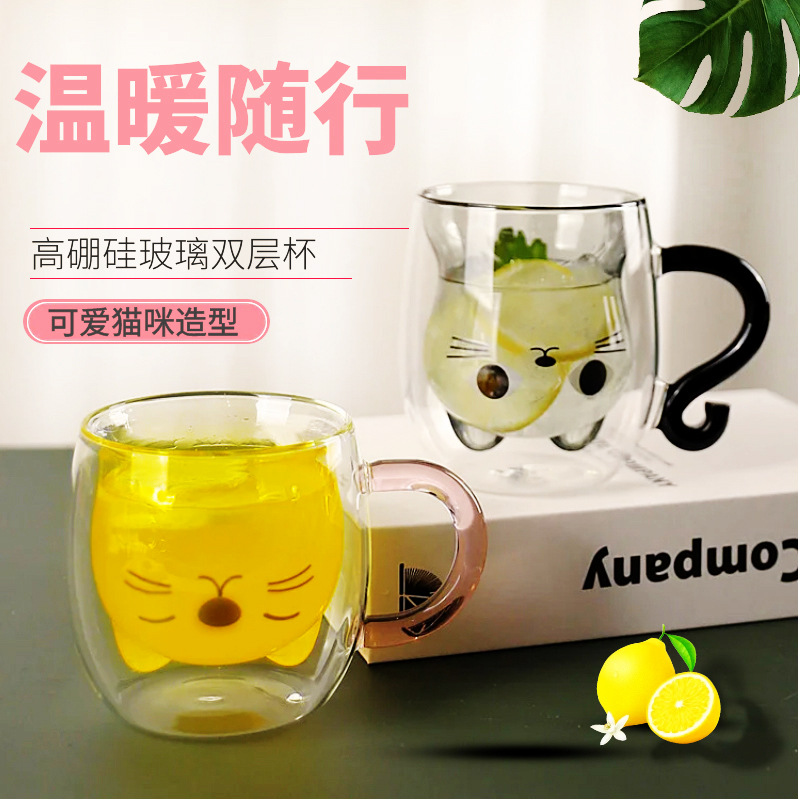 Vidrio borosilicato dibujos animados vidrio gatito taza con mango de vidrio transparente beber leche té doble capa taza con tapa