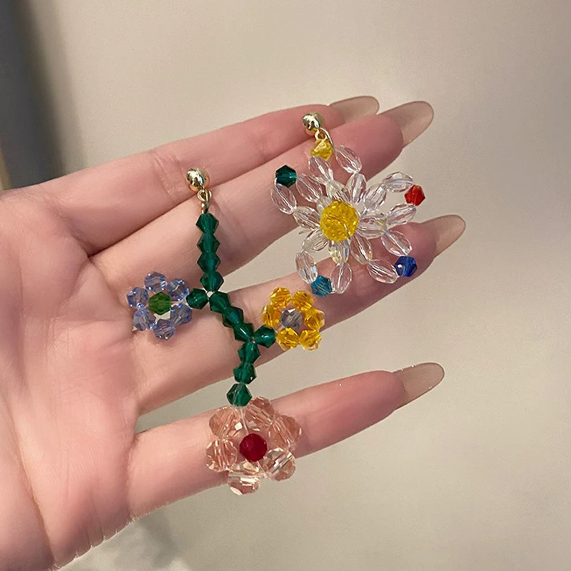 小清新甜美串珠不对称花朵耳钉女法式田园风温柔可爱灵动俏皮耳环|undefined