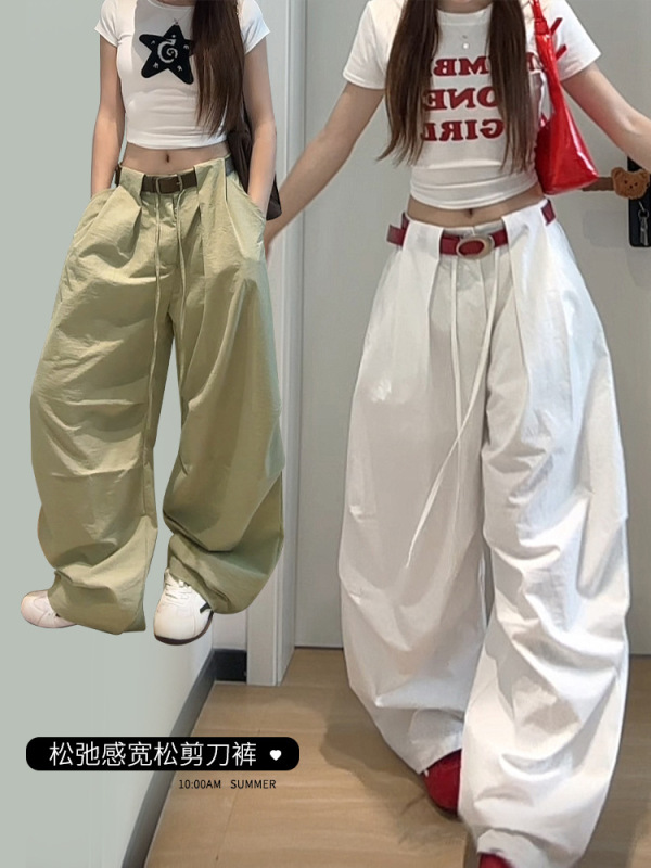 Xiaohongshuの人気のワイドレッグシミターパンツ女性用2025年夏新作レイジースタイルリラックス感多用途カジュアルスポーツパンツ|undefined