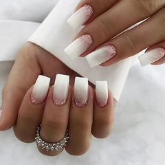 Mid-length Ballerina Nails Pure Desire White Gradient Sparkling Powder Nail Art False Nails for Women European and American Style Nail Sheets