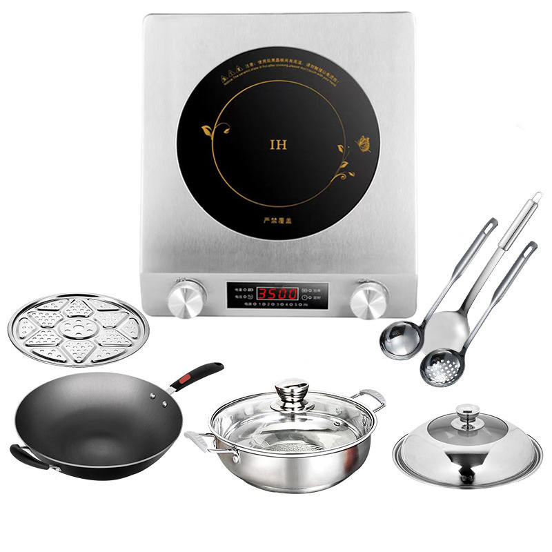 Placa de inducción para uso doméstico, nuevo modelo, juego completo con olla, superficie plana, alta potencia, cocina de inducción cóncava, uso comercial, estándar estadounidense 110V