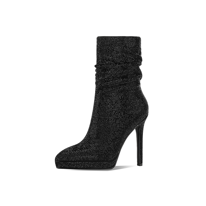 Boot cao gót nữ mũi nhọn da cừu thật, gót siêu cao 12 cm, phong cách Pháp – Hàn Quốc, xếp li đơn giản — nhung đen