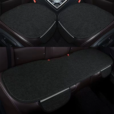 Car linen cushion four seasons universal cotton and linen three-piece set car three-seat cushion co-pilot rear seat cushion (Four Seasons Pad) - black-three-piece-set-universal