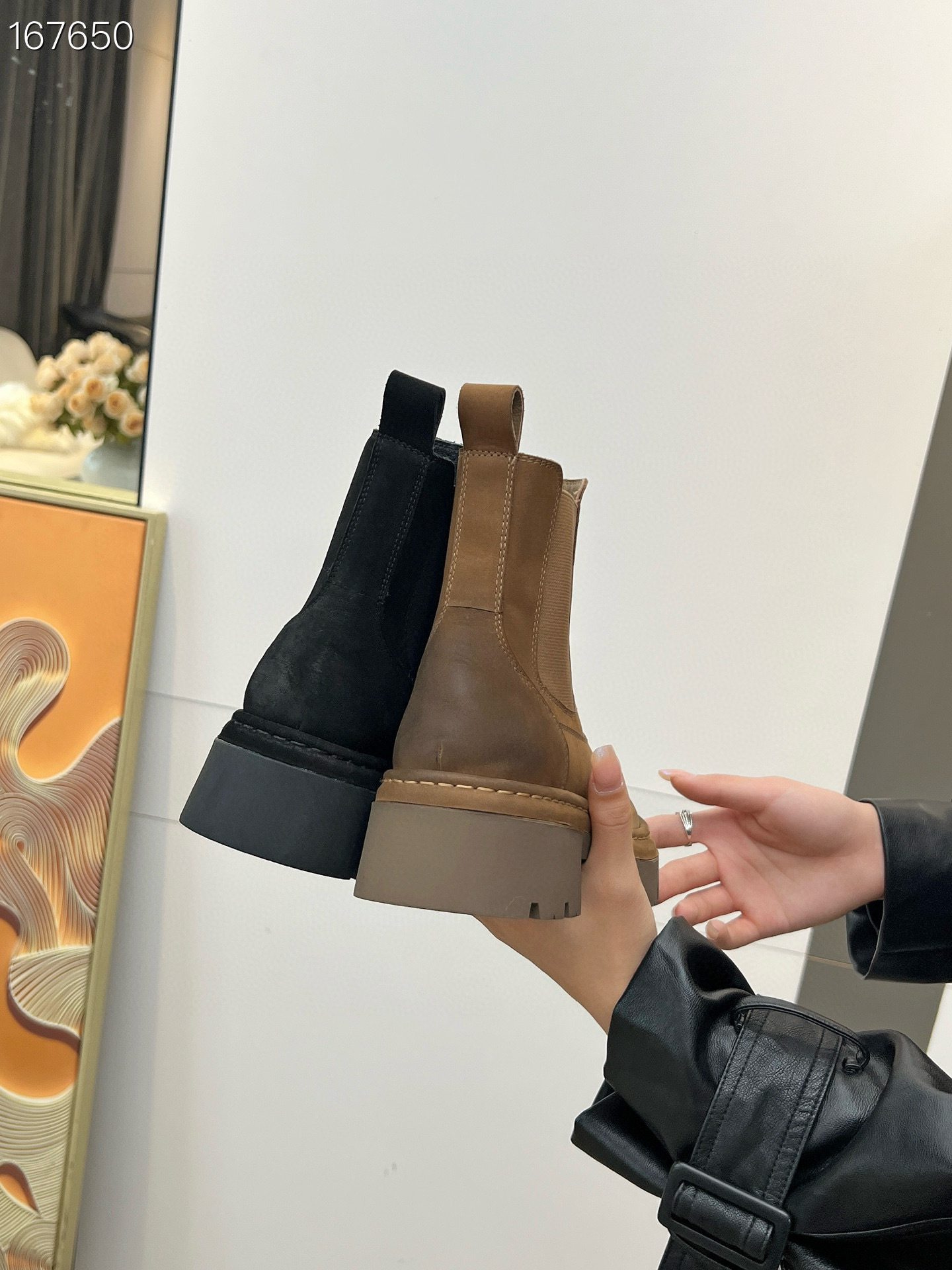 Boot nữ da bò cổ thấp đế xuồng dày khóa kéo bên — Màu đen, Màu Kaki chi tiết 9