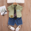 Summer shirt for early age for boys, tie, jeans, trousers, set, children's clothing, with little bears