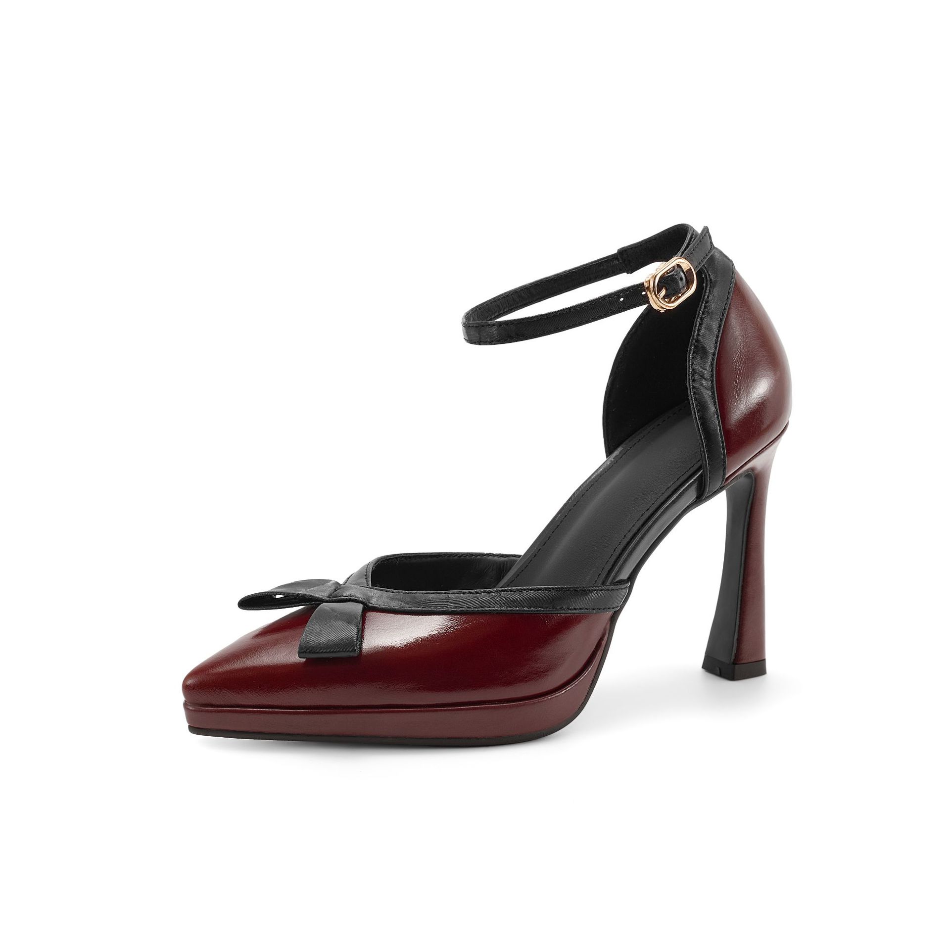 Sandal cao gót nữ phối màu phong cách Chanel, quai một khuy, mũi kín, gót nhọn 9 cm — Rượu vang đỏ, màu trắng ngà