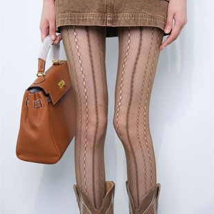 "Barbaric Growth" brown Vintage Hollow-out Lace Fishnet Stockings Vertical Jacquard Pantyhose