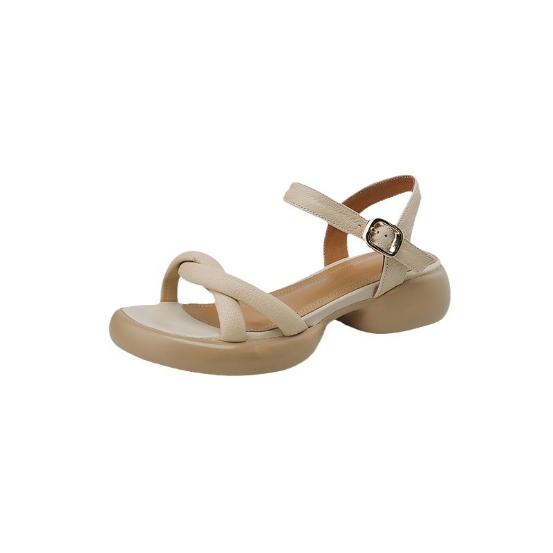 Sandal hở ngón da cừu gót thô platform mũi tròn quai ngang khóa — Màu trắng be