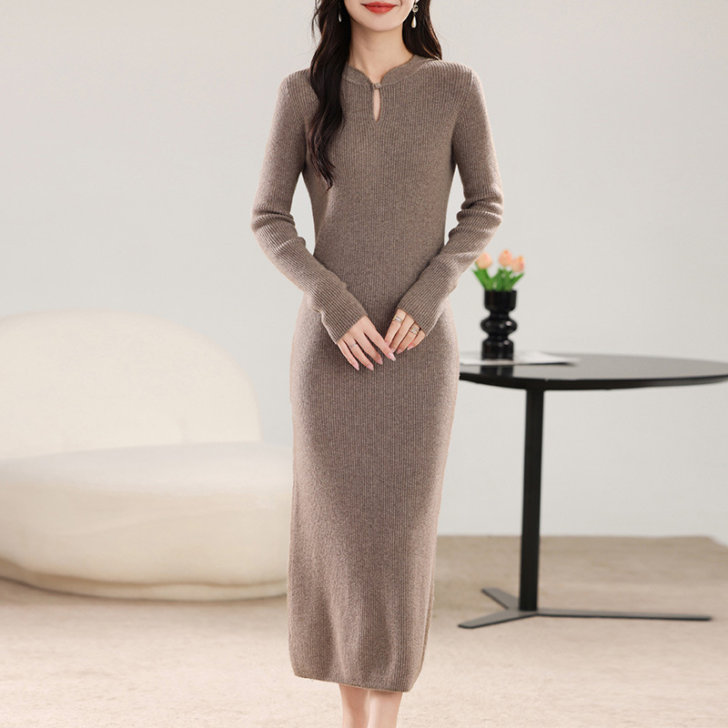 New Chinese Style Super Long Wool Skirt Knitted Cheongsam Collar Women's Over-the-Knee Mid-Length Skirt Slim-Fit Sweater Skirt