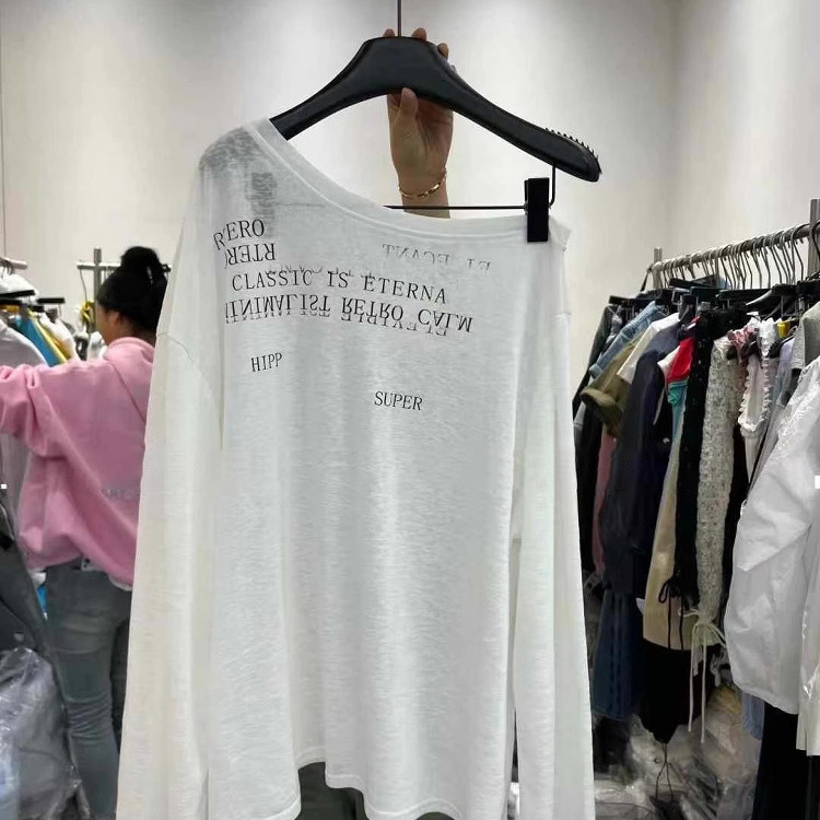 Foreign Trade Wholesale Korean Lazy Pure Lust Style Slant Collar Off-Shoulder Long-Sleeved Slightly See-Through Sun Protection Shirt Women's Summer Loose T-Shirt Blouse