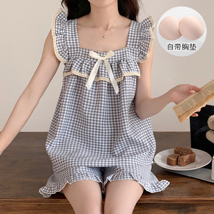Cross-border Pajamas for Women Summer K-style Plaid Bubble Cotton Vest Shorts Sweet Girl with Chest Pad Home Wear Set