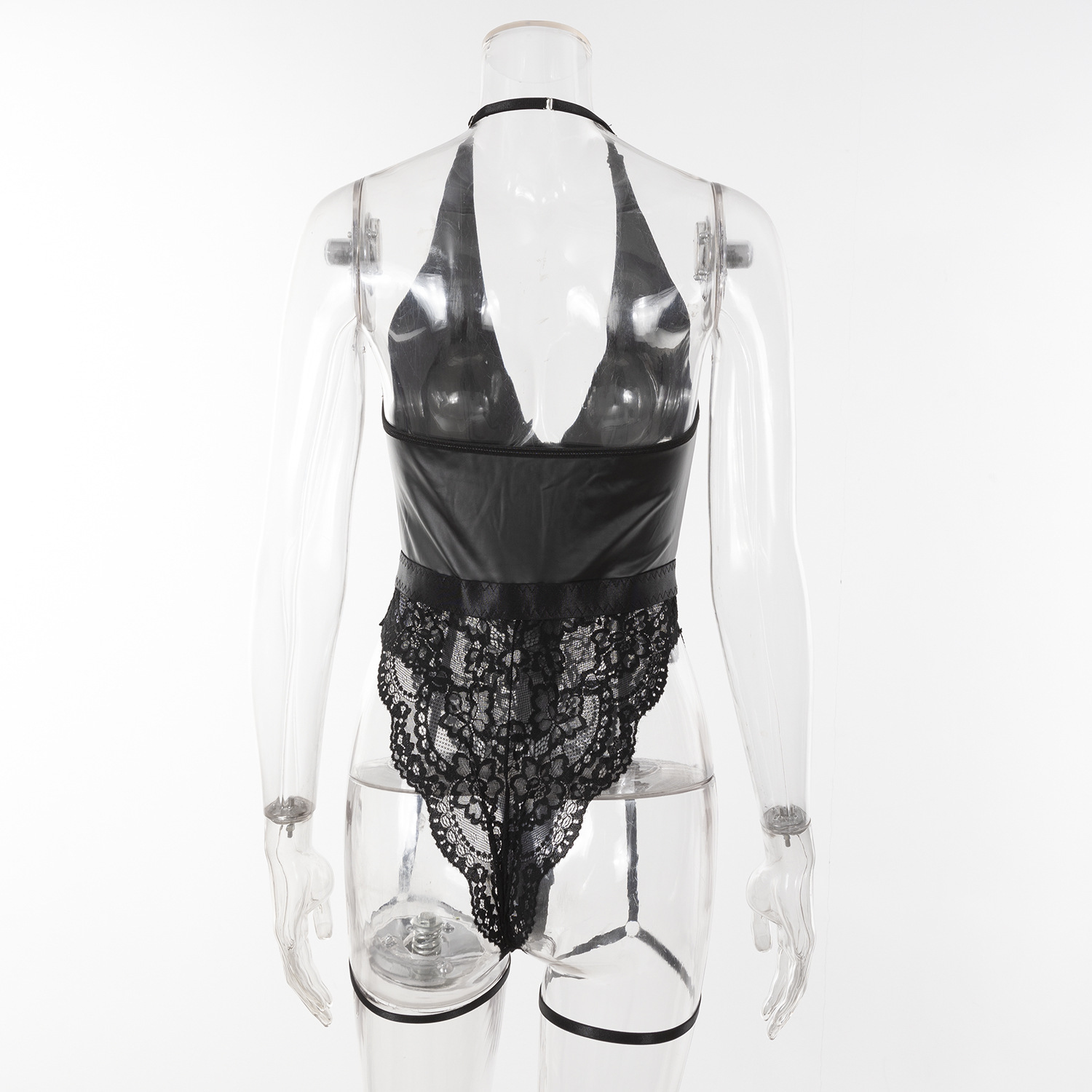 Nuovo sexy set di lingerie con giarrettiera patchwork in pelle verniciata e rete jacquard_voghion.com