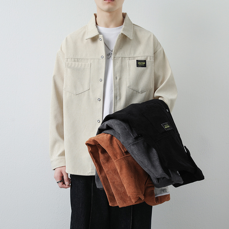 Primavera y otoño Nuevo estilo de Hong Kong camisa de pana para hombres chaqueta de solapa de manga larga simple chaqueta de camisa casual para hombres de marca de moda