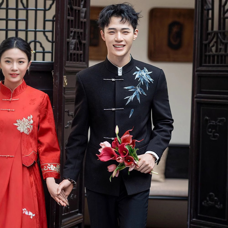 新しい中国風の紳士服中国風の男性の結婚式の秀和服新郎スーツスタンドカラータングスーツメンズチュニック|undefined