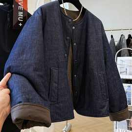 韩系感别致夹棉外套女秋冬季新款宽松百搭棉服棉衣