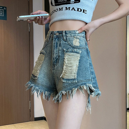 Women's Summer Retro High-Waisted ripped denim shorts with frayed edges, distressed loose wide-leg A-line hot pants, trendy Insta style
