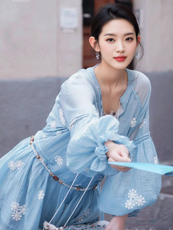 在庫あり Wang Yuwen の同じスタイルのフレンチレトロルーズ年齢軽減レースアップ刺繍ハイエンドランタンスリーブウエストドレス|undefined