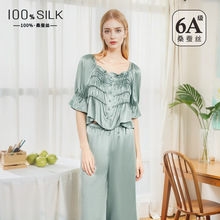 夏季重磅法式真丝睡衣女士100%桑蚕丝丝绸舒适亲肤方领家居服套装