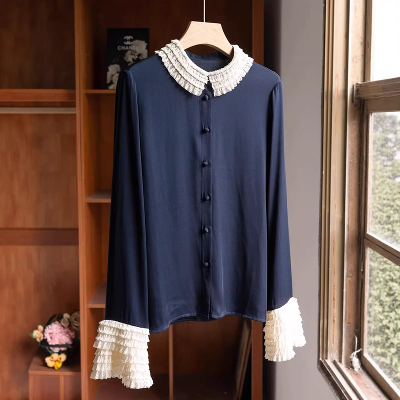 Old Money Style: Heavyweight Mulberry Silk Lace Trim Doll Collar Shirt with Palace Style Contrast Color Lace Collar
