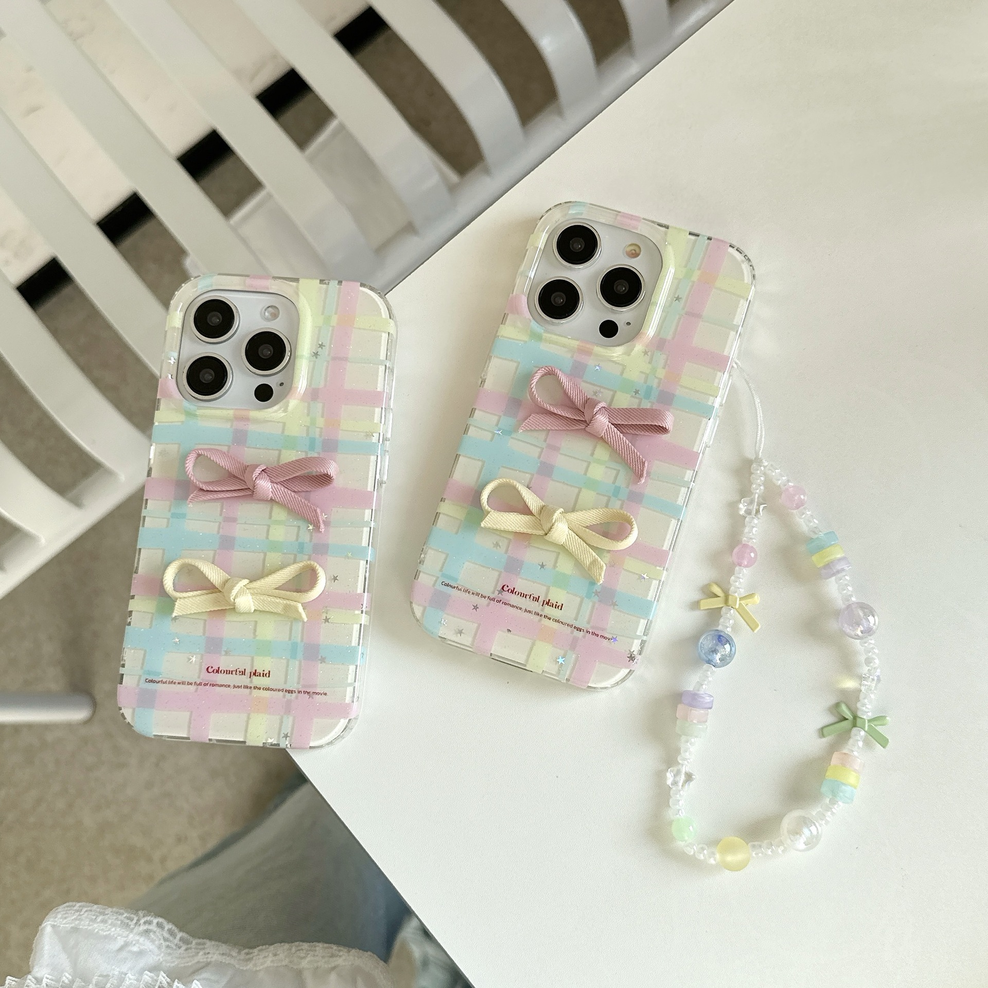 Pequeño arco tridimensional a cuadros fresco para Apple 15ProMax funda para teléfono móvil cadena 16Pro 14/13 nuevo 16