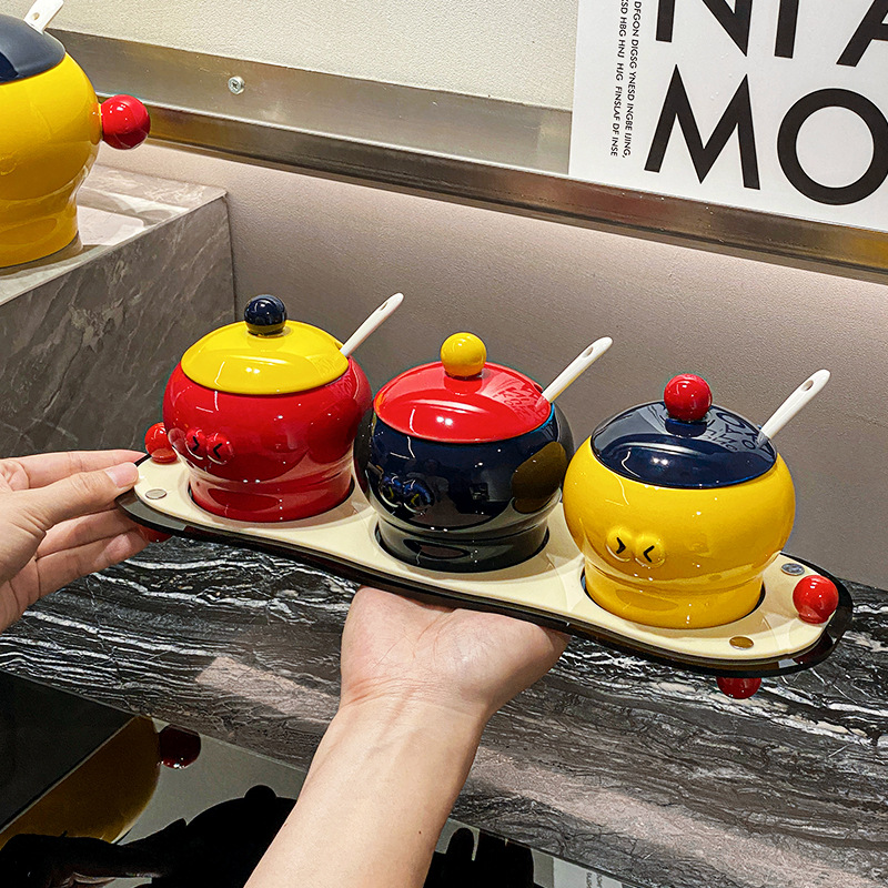 Conjunto de frasco de cerámica original de Shang 'en, frasco de sal de cocina con cuchara, frasco de condimento de cocina, caja de condimento de MSG doméstica