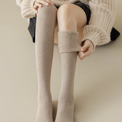 Thickened ribbed knee-high socks pure cotton women's autumn and winter tall socks with extra padding knee protection warm anti-slip thigh-length socks