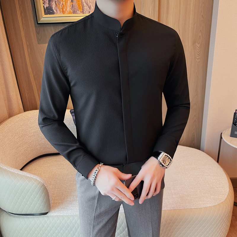 春季新品推荐男士长袖衬衫暗门襟设计休闲立领潮男华夫格修身衬衣