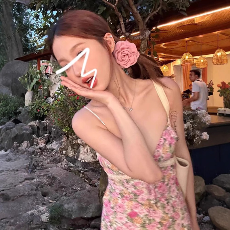 French Style Strap Floral Dress Women's New Summer Thailand Sanya Seaside Holiday Style Beach Dress Mid-Length dress