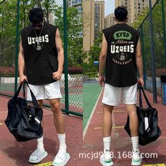 ファッションブランドのバスケットボールtシャツ純綿のノースリーブベストの男性用スウェットメンズウェイトアメリカのレトロなカジュアルな肩の上着
