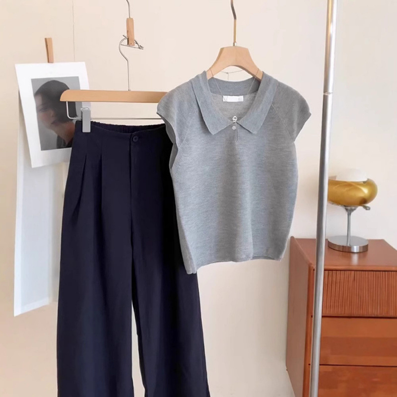 French Grey Polo Collar Short-sleeved T-shirt Women's Summer Small Flying-sleeved Knit Shoulder Lapel Top