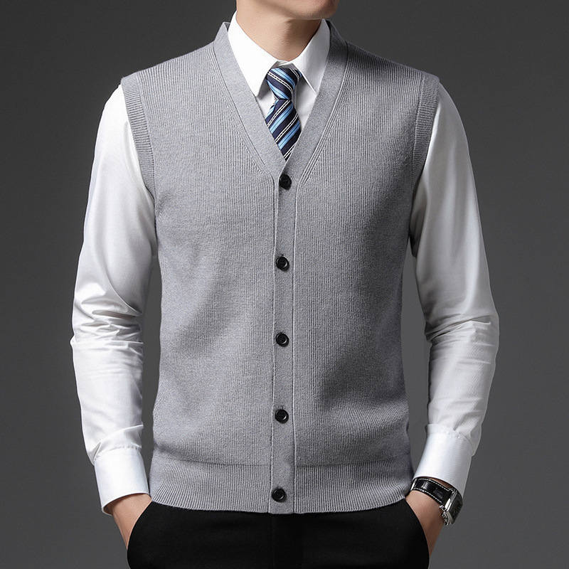 2023 autumn and winter middle-aged men's V-neck cardigan vest thickened business gentleman close-fitting warm casual waistcoat