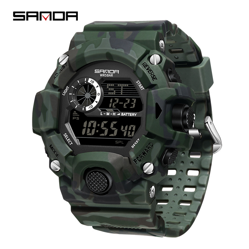 SANDA Camuflaje reloj electrónico de montaña deportivo al aire libre impermeable multifuncional reloj de negocios para hombres 2183