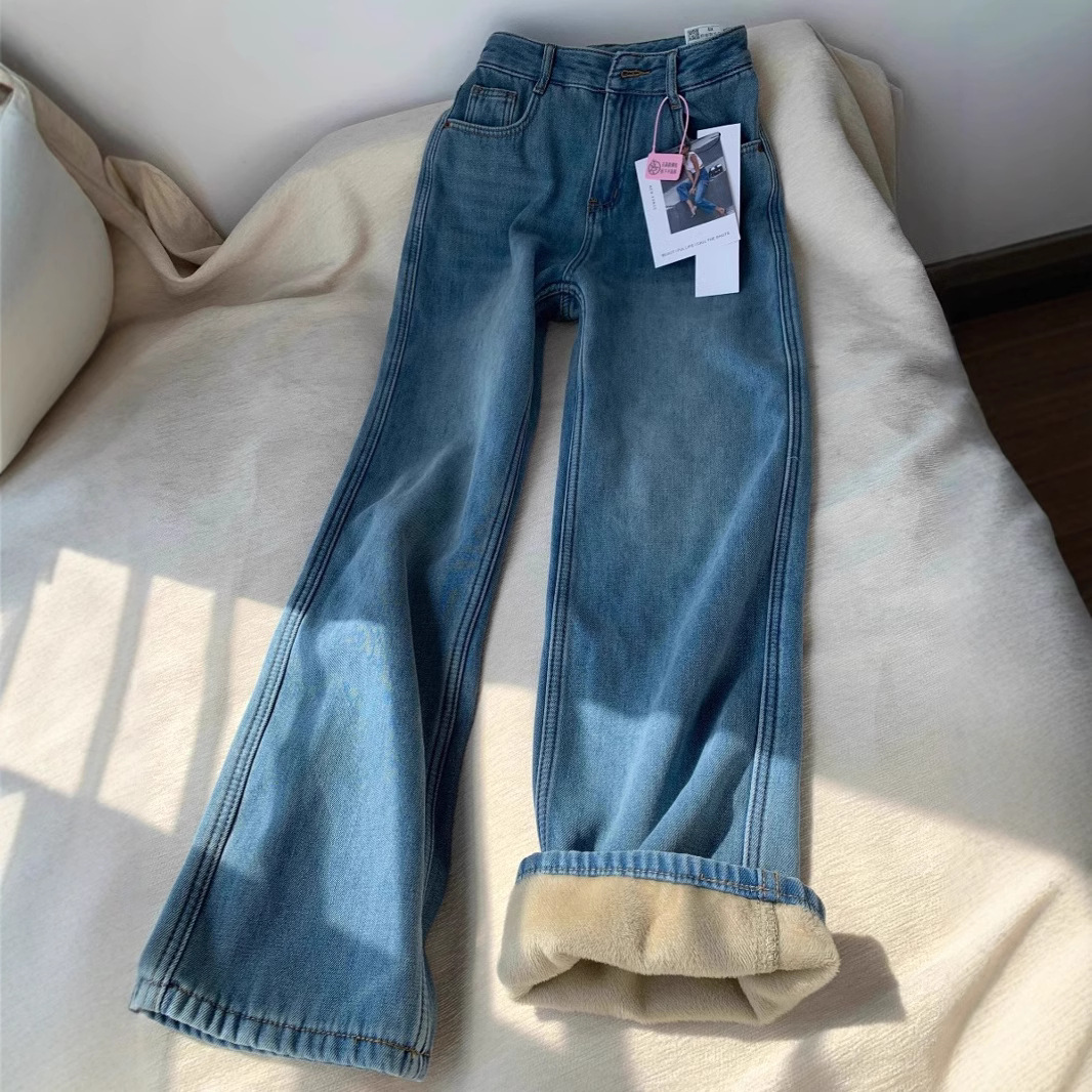 가을과 겨울 기모 느슨한 스트레이트 레그 청바지 여성용 레트로 라이트 블루 높은 허리 슬림 핏 딥 좁은 넓은 다리 바지