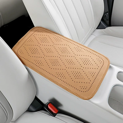 Car armrest box pad with wave diamond perforations, leather armrest box protective cover, car central armrest heightening pad