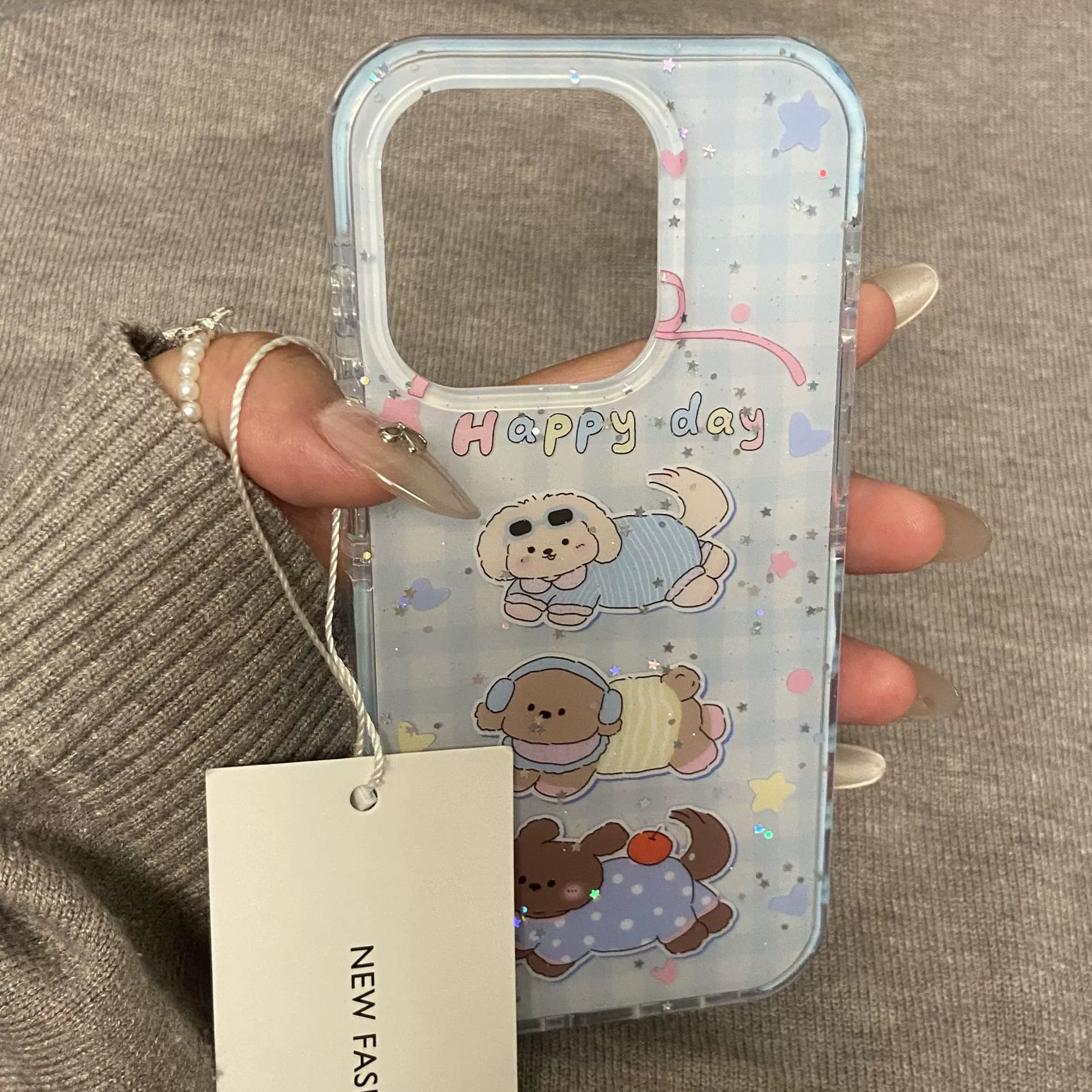 Милый музыкальный щенок-подслушиватель подходит для чехла iPhone16pro мобильного телефона 15 личность 14 блесток звезды 13 капель клея корейский