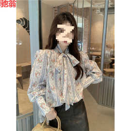 A3I复古飘带碎花衬衫女士春秋季设计感轻熟风小众气质高级感系带