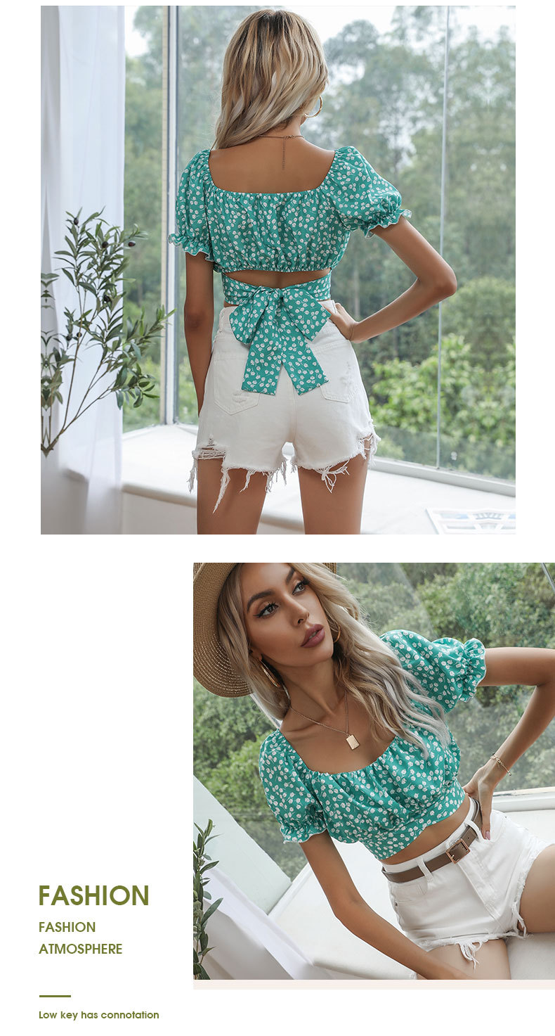 puff sleeved square neck waistless lace-up short floral top NSDMB127428