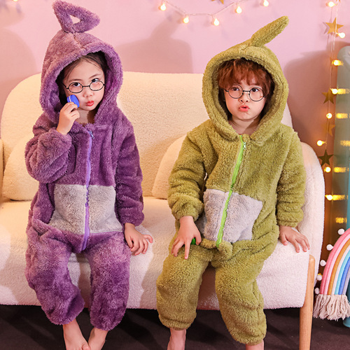 Autumn and winter children's flannel pajamas for boys and girls and baby anti-kick thickened coral velvet one-piece home clothes