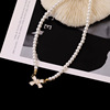 Retro universal necklace from pearl, chain for key bag  with bow, Chanel style