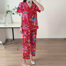 夏季棉绸睡衣女短袖唐装薄款短袖国风绵绸套装春夏装人造棉家居服