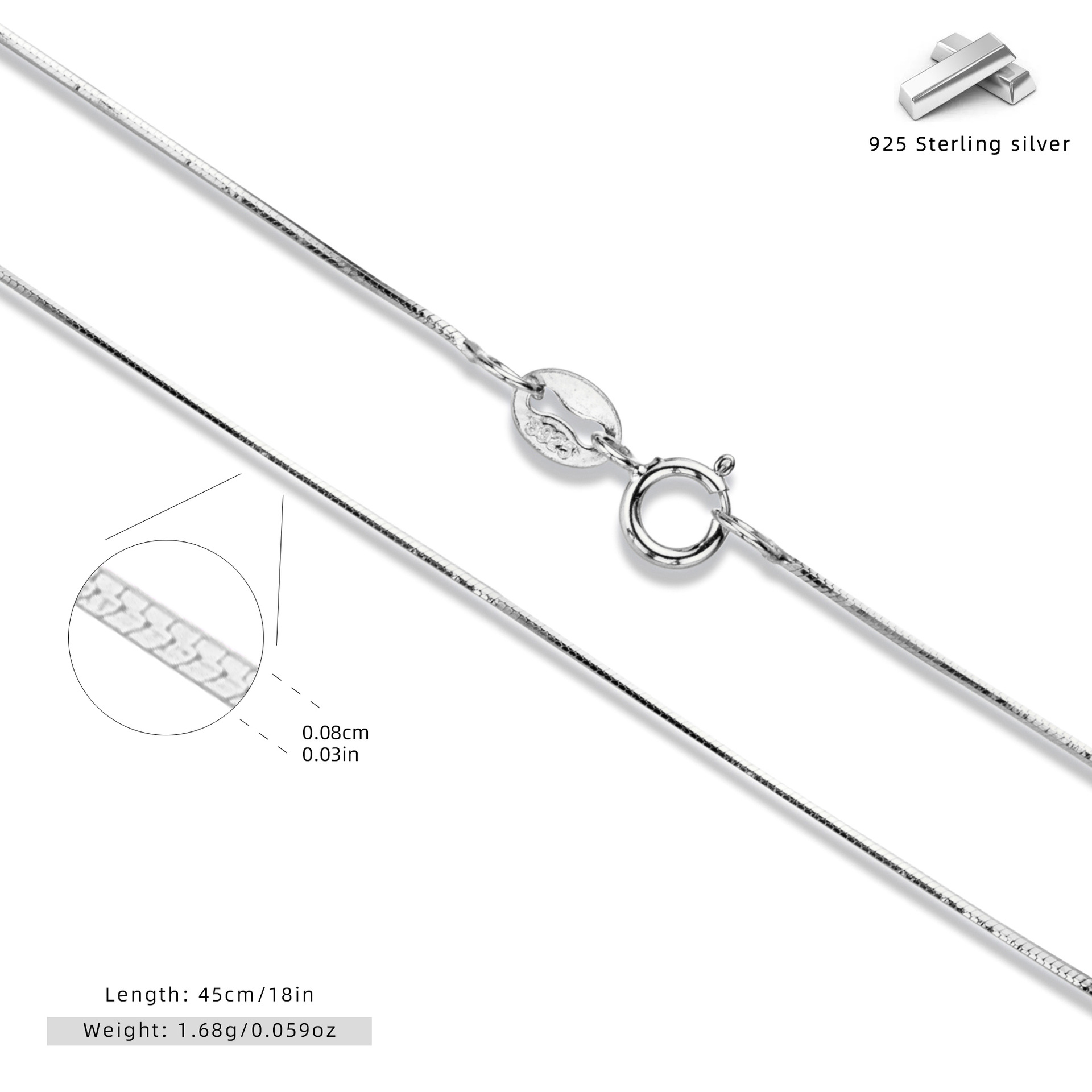 925 실버 도금 백금 팔각형 스네이크 체인 45CM