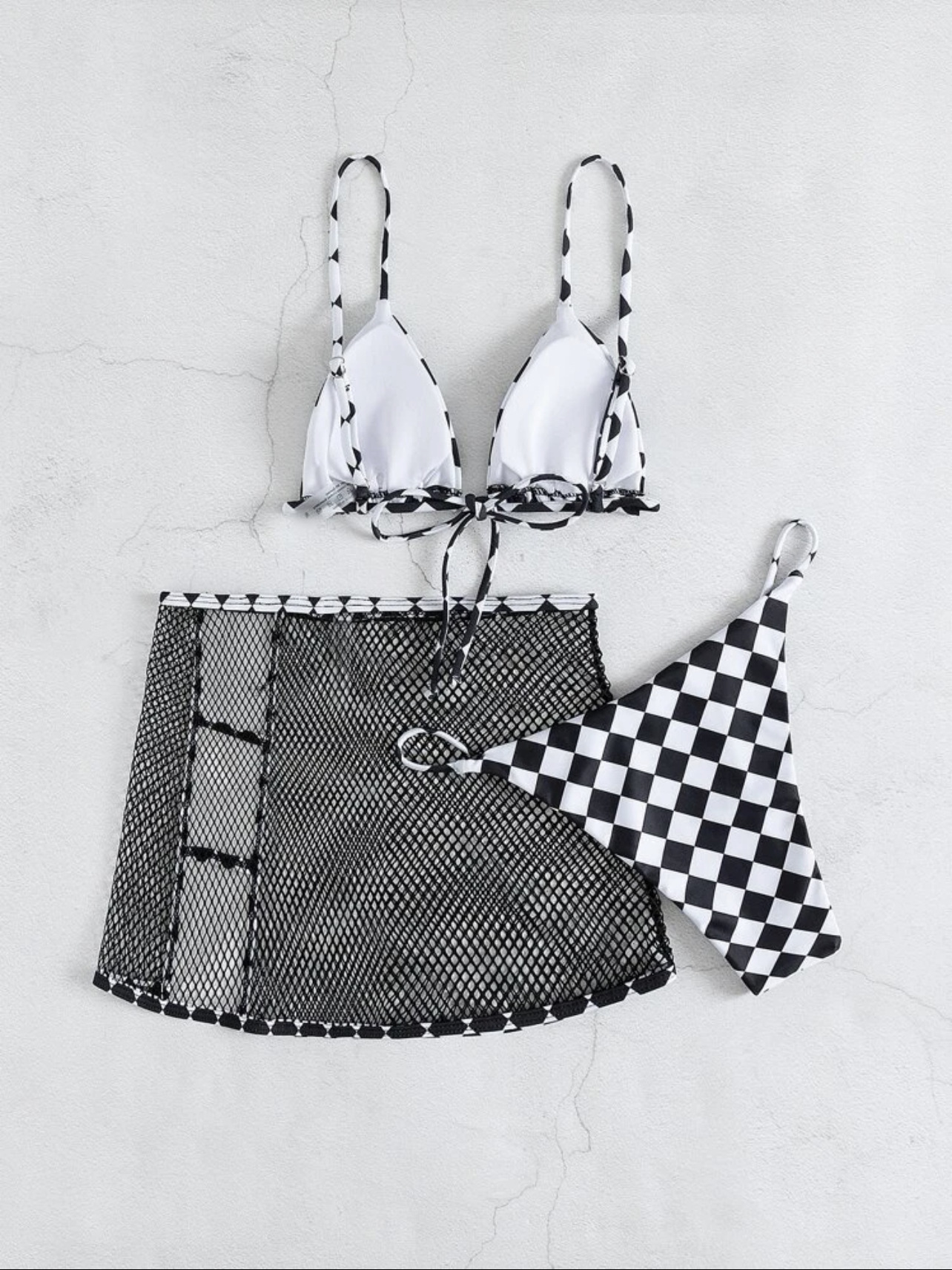 sling high waist checkerboard print mesh bikini three-piece set NSCSY123250