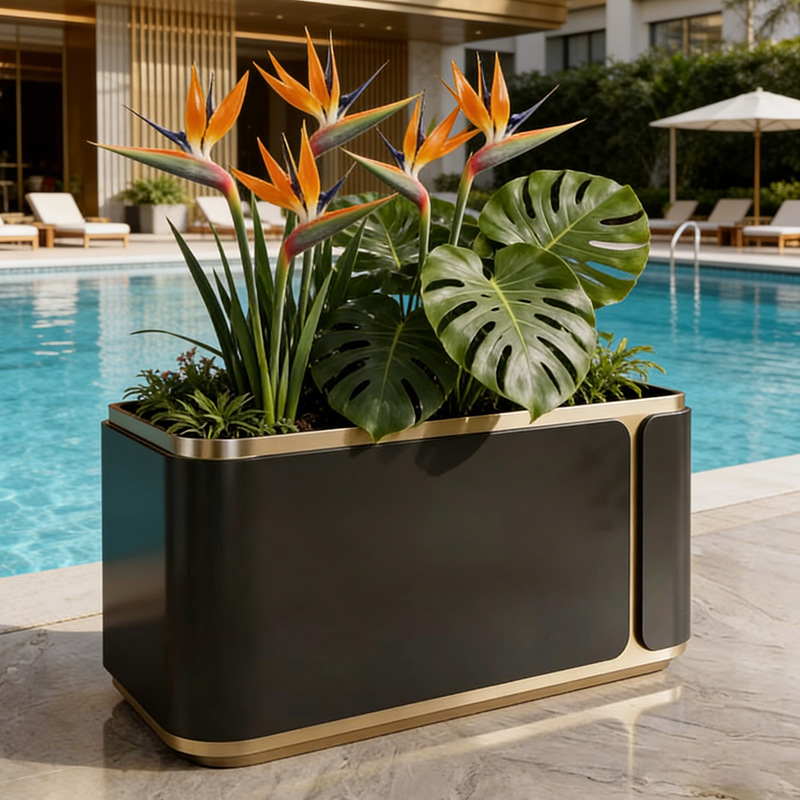 Caja de flores de acero inoxidable forjado al aire libre, sala de ventas, caja de flores de calle comercial, caja de flores de metal terminada, cerca de caja de flores