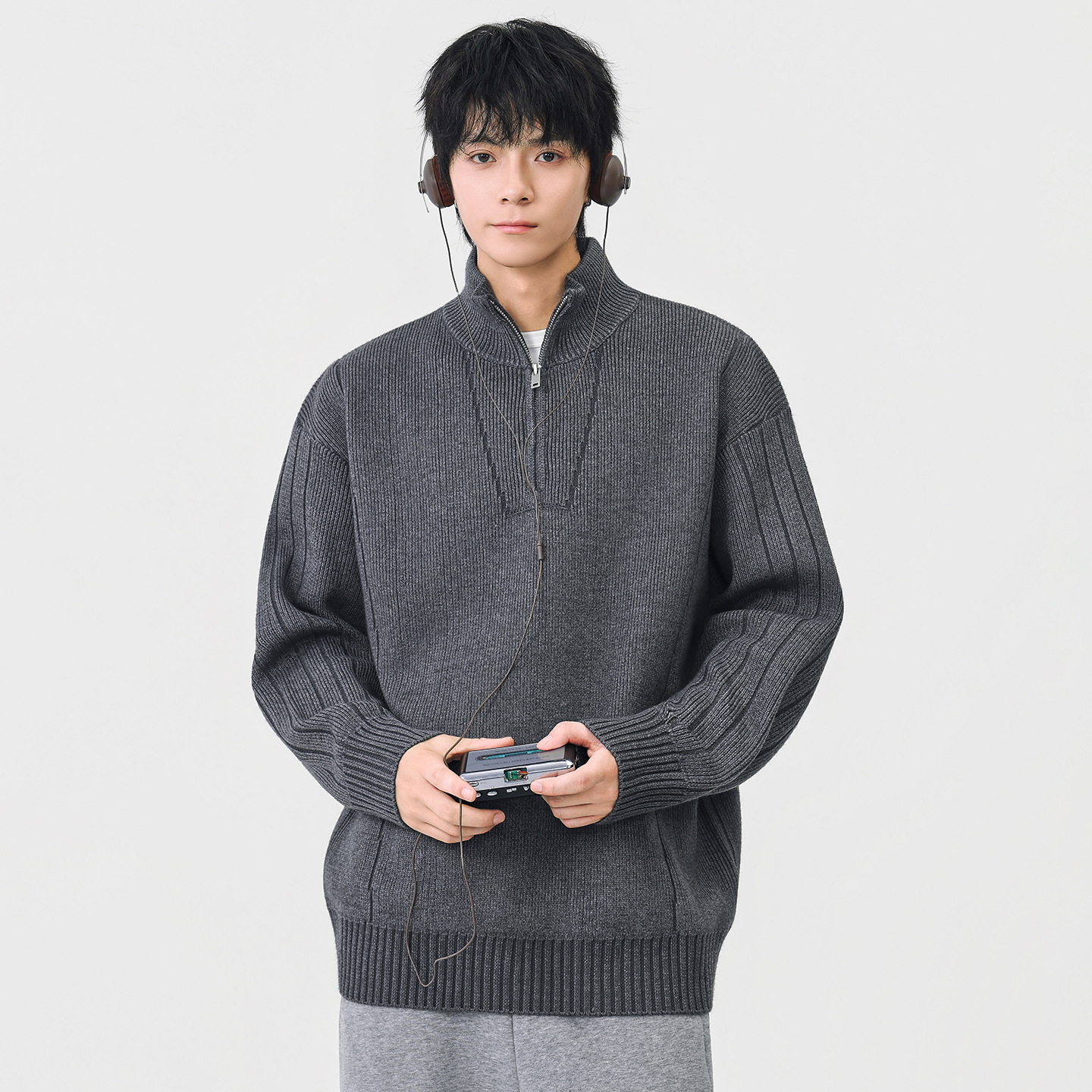 Jacket de cuello vertical para hombres retro japonés versátil abrigo de suéter 2025, otoño y invierno nuevo peso suelto