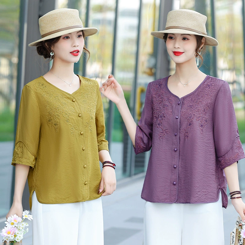 2025 весна-лето новая ретро однотонная вышитая рубашка с V-образным вырезом, однобортная, с рукавом три четверти, литературная облегающая рубашка