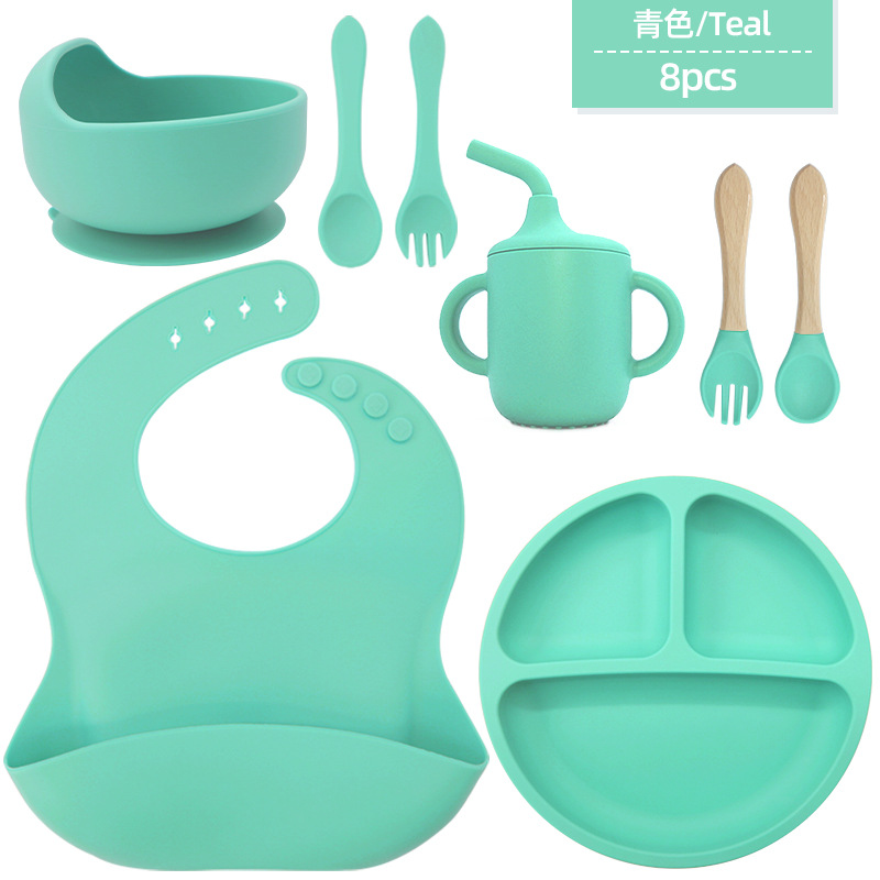 Juego de vajilla de silicona para niños, tazón de alimentos suplementarios, cuchara de silicona para bebé, tazón de silicona, vajilla de silicona, juego de ocho piezas de grado alimenticio