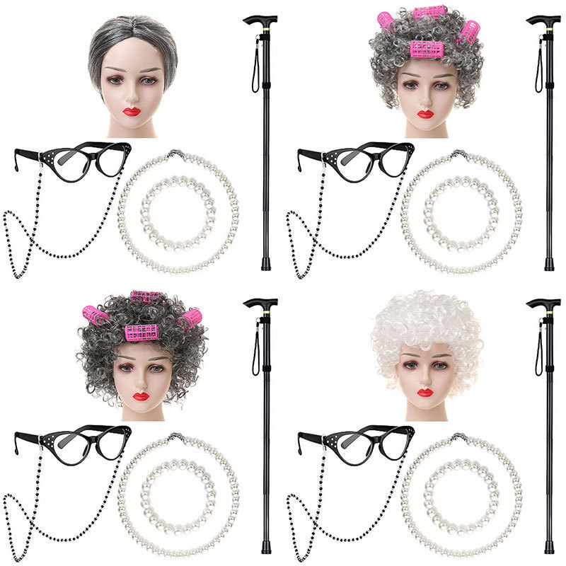 Amazon 100 Days of School Grandma Wig Set Halloween Cos Grandpa Wig Wife Wig Set