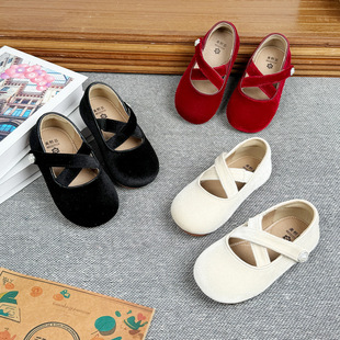 Girls' Red Velvet Princess Shoes 2025 Spring New Student Leather Shoes Cross Stomper Flat Shoes